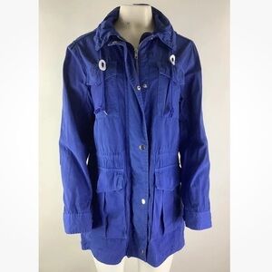 J Crew Sz M Hooded Fatigue Jacket Blue 100% Cotton Drawstring Waist Zipped